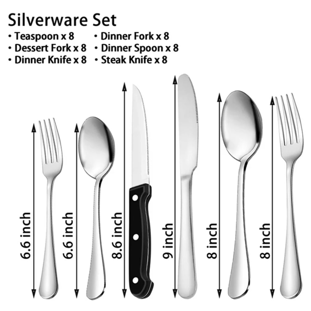 49-Piece Silverware Set with Flatware Drawer Organizer, Durable Stainless Steel Cutlery Set for 8, Mirror Polished Kitchen Utensils Tableware Service with Steak Knives Dinner Fork Knife Spoon & Tray