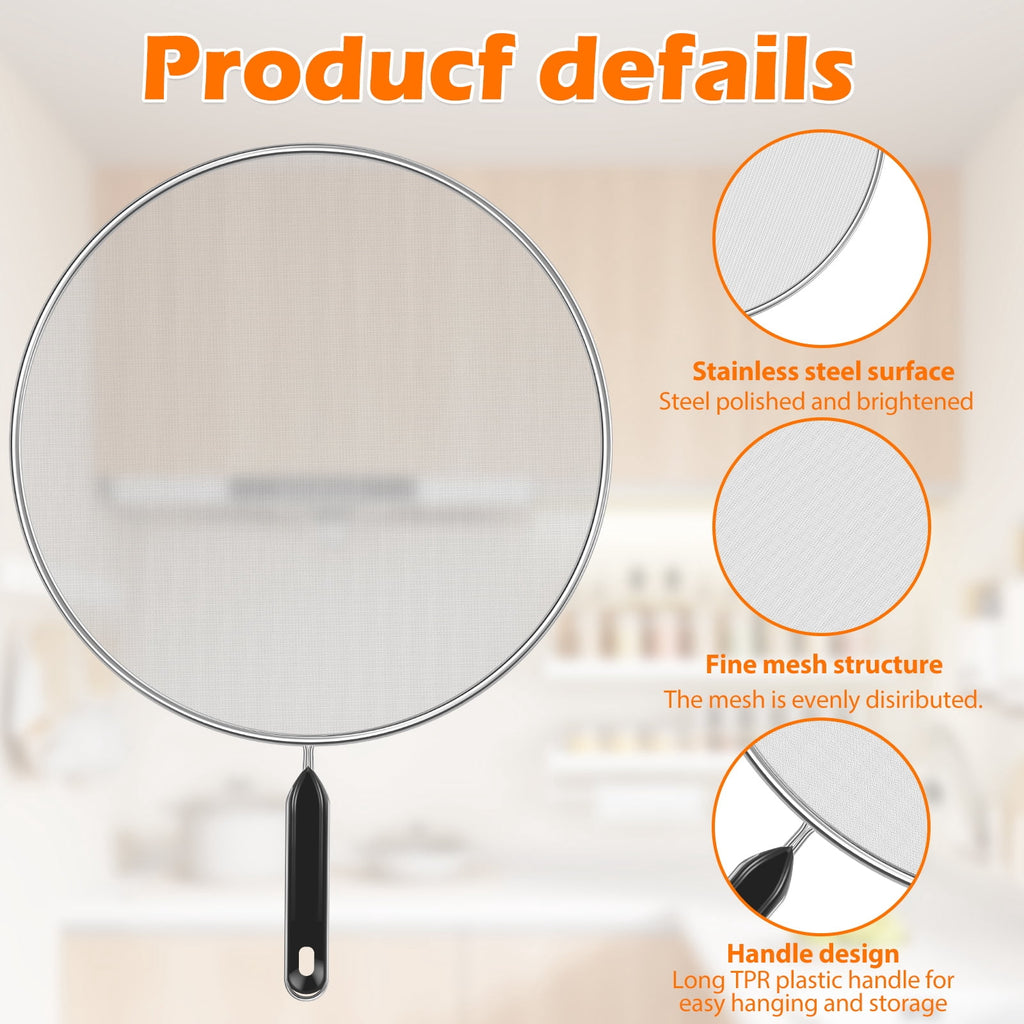 3 Piece Stainless Steel Fine Mesh Splatter Screen Set, 13", 11.4", 9.8" Splatter Screen for Frying Pan, Grease Splatter Guard with Heat-Resistant Handles