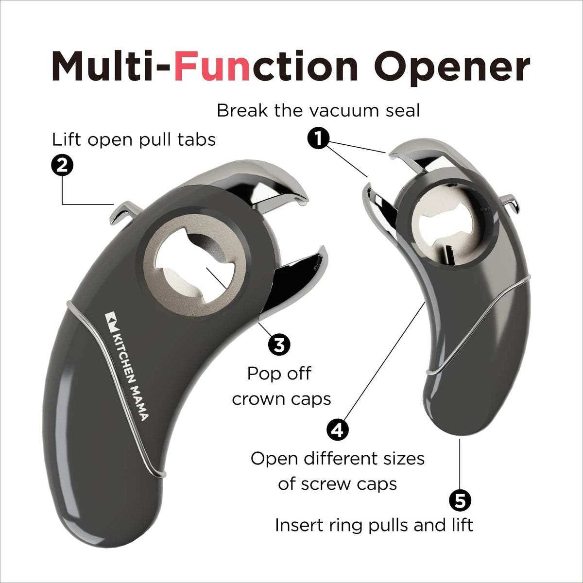Kitchen Mama Epic One Magnetic Multifunction Opener: Beer, Soda Can, Pull Tab, Jar Opener (Red)