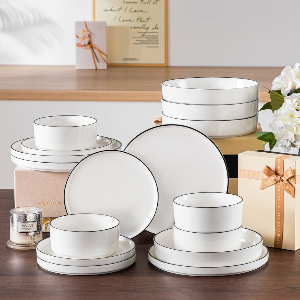 Vancasso 16 Pcs Dinnerware Sets, Plates and Bowls Set for 4, Ceramic Dinner Set, Scratch Resistant, White