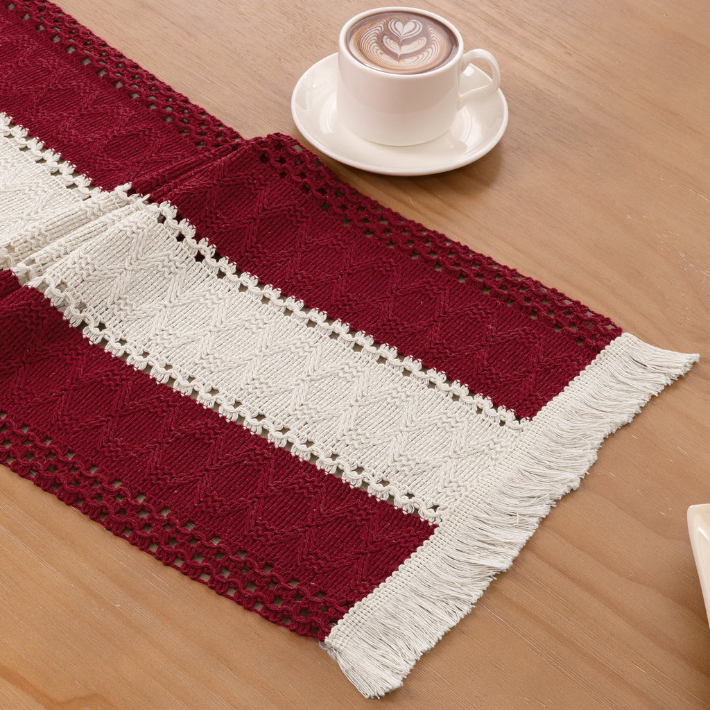 MeyJey Table Runner and Placemats Set of 4, Washable Fabric Rectangle Dining Table Mats with Tassels for Dining Tables, Kitchen, Red/Beige
