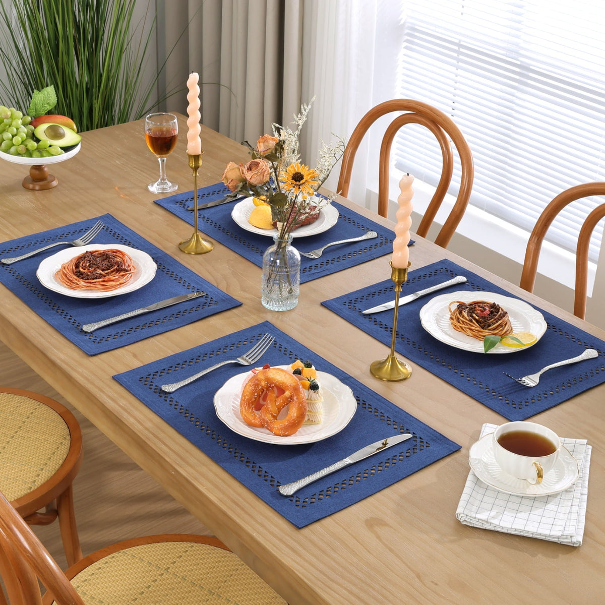 Placemats Set of 4, Yamaziot Double Layer Cloth Fabric Heat Resistant Place Mat, Washable Reversible Rectangle Dining Table Mats, Hollow Khaki, 12"x18"