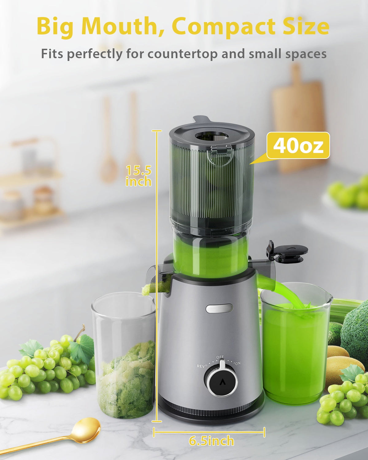 Juicer Machine with 4.35" Wide Mouth, Aeitto Cold Press Juicer Machine for Fruits and Vegetables, Slow Masticating Juicer Whole Fruit Juice Maker, High Juice Yield, Easy to Clean with Brush, Coal