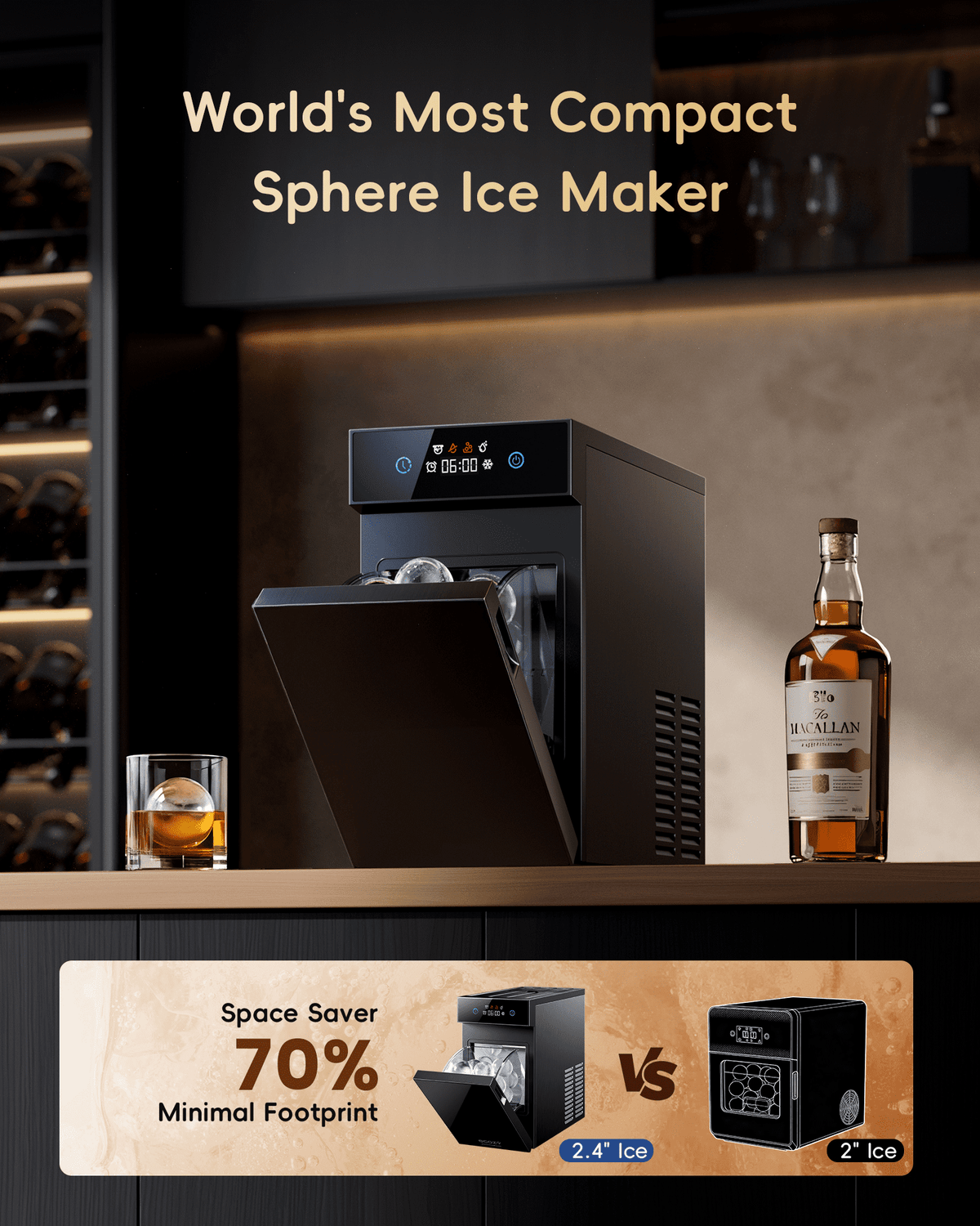Ecozy Chillio 2.4" Crystal Clear Ice Ball Maker with CrystalFlux Technology, Compact Sphere Ice Machine with Timer, 32 Balls/Day, for Home Bar