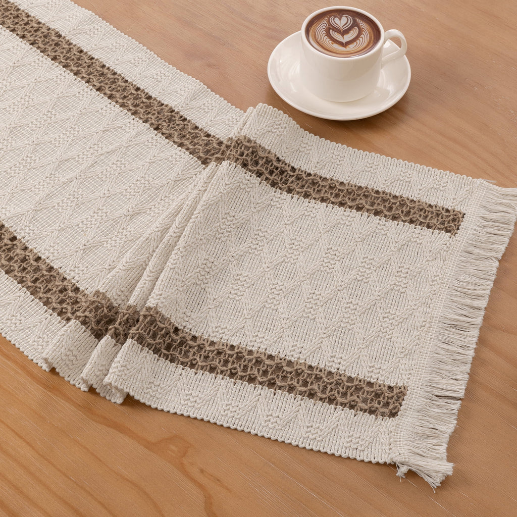 MeyJey Table Runner and Placemats Set of 4, Washable Fabric Rectangle Dining Table Mats with Tassels for Dining Tables, Kitchen, Red/Beige