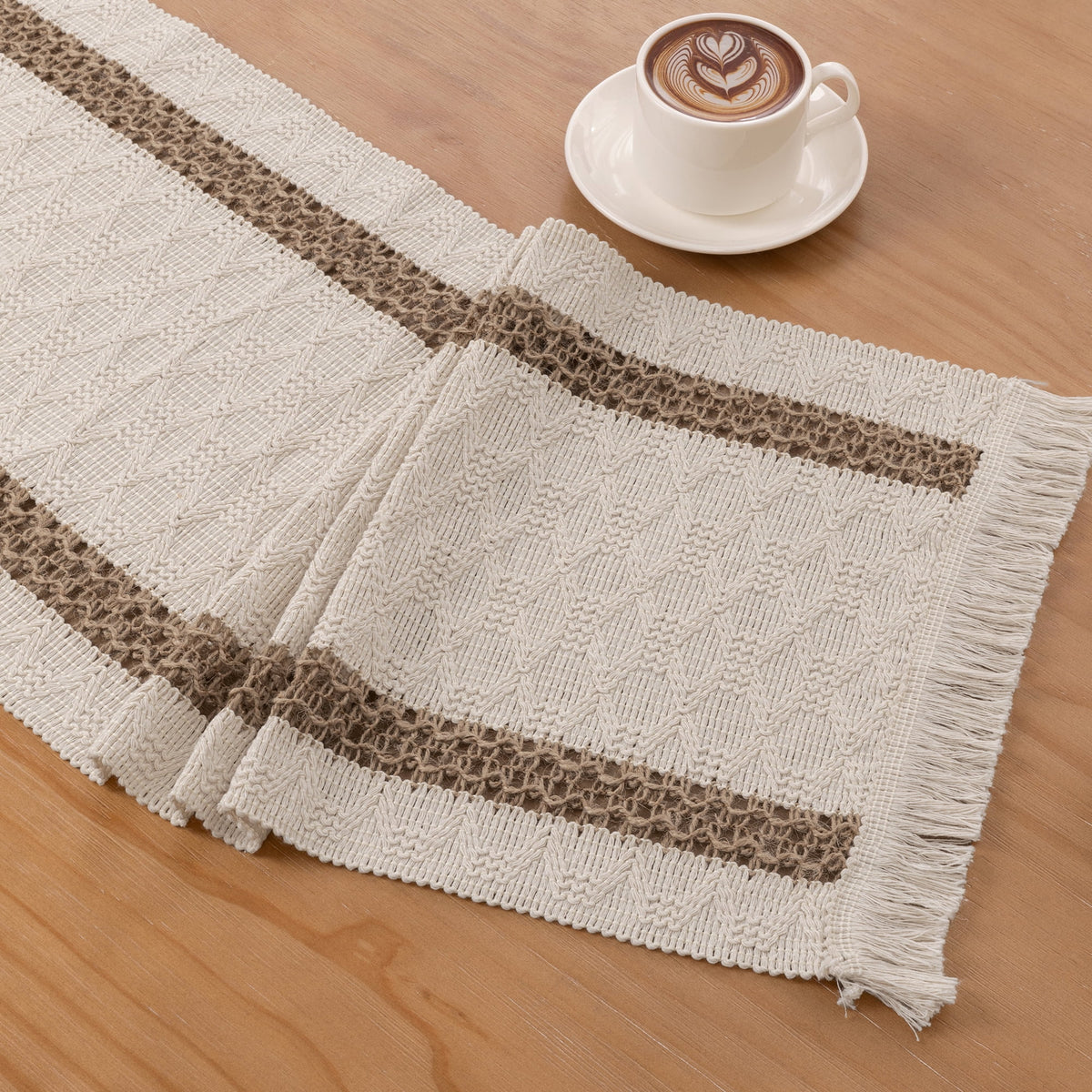 MeyJey Table Runner and Placemats Set of 4, Washable Fabric Rectangle Dining Table Mats with Tassels for Dining Tables, Kitchen, Red/Beige