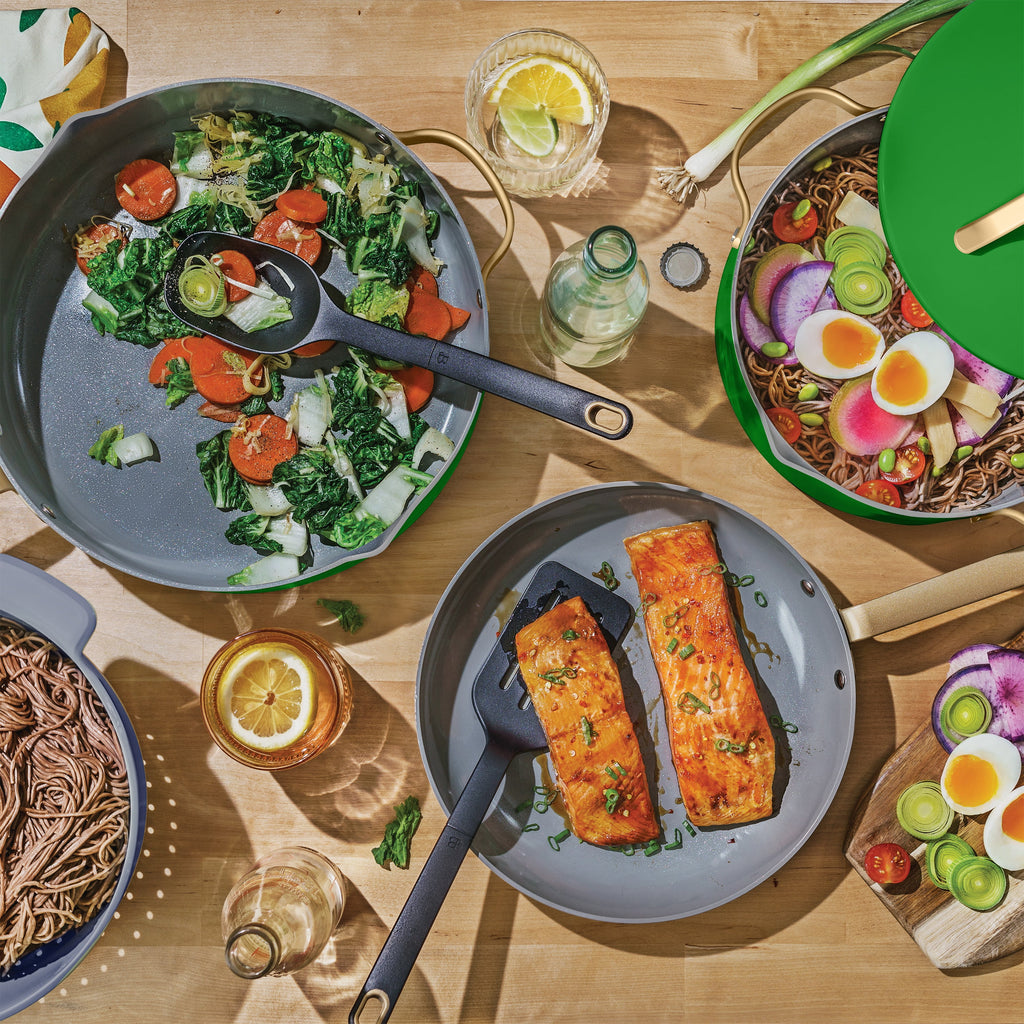 Beautiful 12-Piece Cookware Set, Pots and Pans with Strainer Lids and EverGood Ceramic Nonstick Coating, White Icing by Drew Barrymore