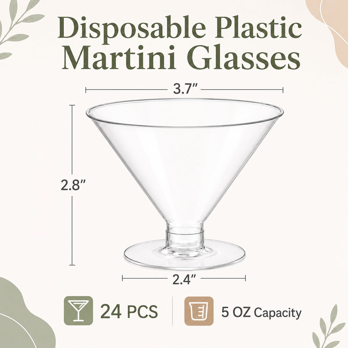 TINANA Disposable Martini Glasses, 24 Count 5oz Clear Plastic Cocktail Cups for Dessert, Wine, Drinks, BPA-Free