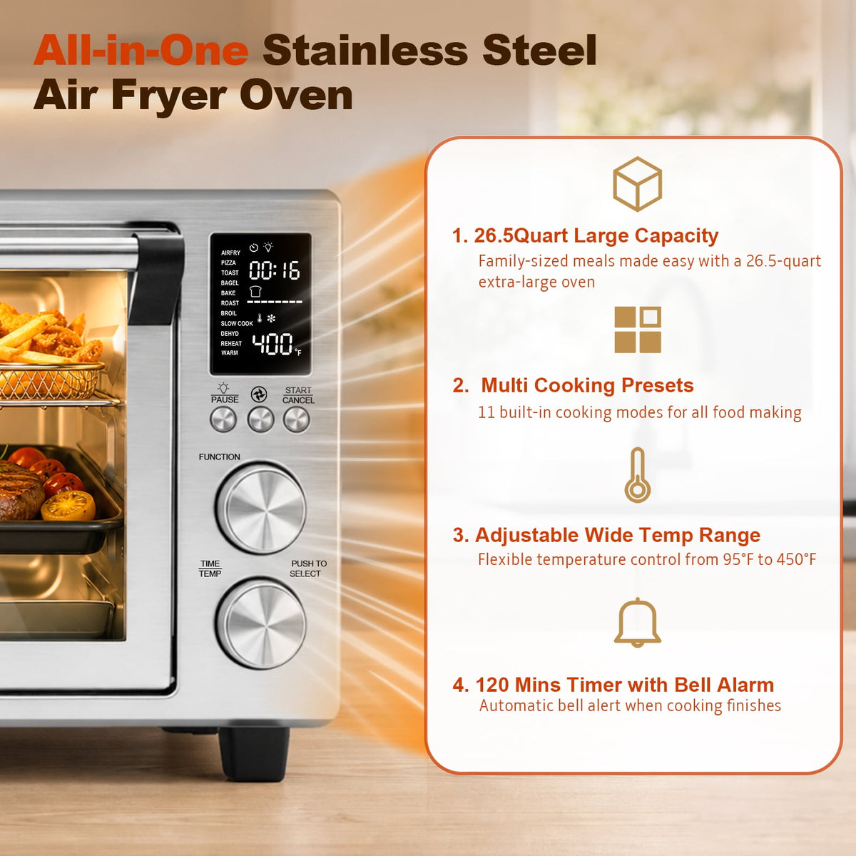Vaparinckl 26.5QT Air Fryer Toaster Oven, Digital Control with 11-in-1 Multifunction Countertop, Clear-Viewing Window, Oil-Less 1500W, Stainless Steel
