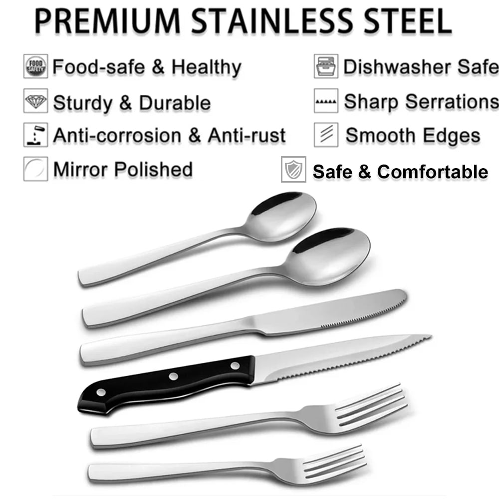 49-Piece Silverware Set with Flatware Drawer Organizer, Durable Stainless Steel Cutlery Set for 8, Mirror Polished Kitchen Utensils Tableware Service with Steak Knives Dinner Fork Knife Spoon & Tray