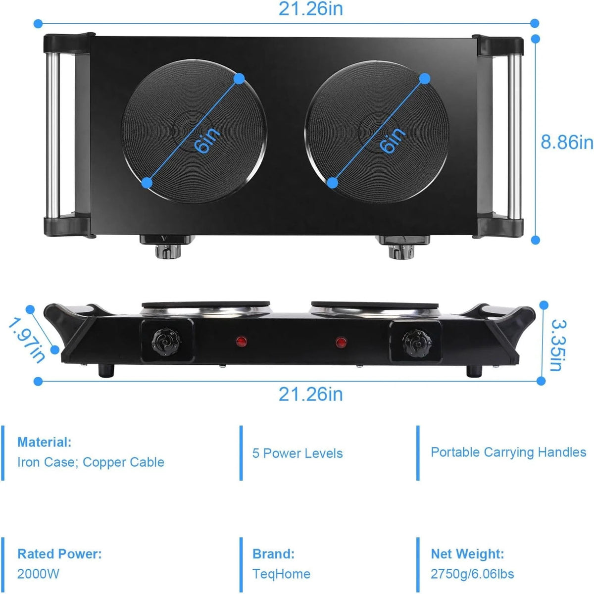 2000W Double Countertop Burner, Portable Electric Hot Plate and Stove with 5 Temperature Controls, Lightweight Burner Cooktop for Kitchen, Dorms, Apartments, RV, Black
