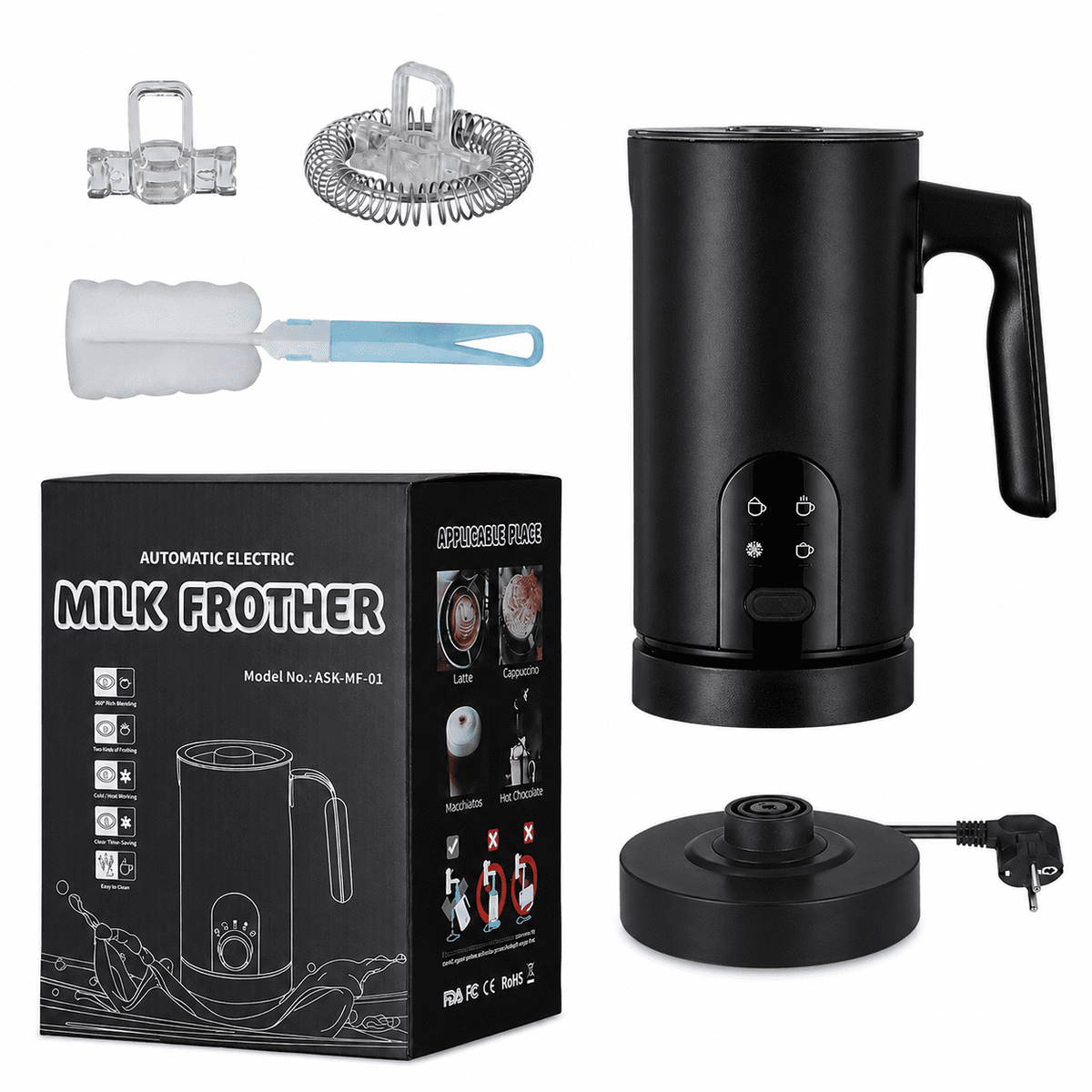 Large Capacity Milk Frother: 4-in-1 Electric Milk Steamer, Hot & Cold Foam Maker, Helpful Stainless Steel for Latte - Black
