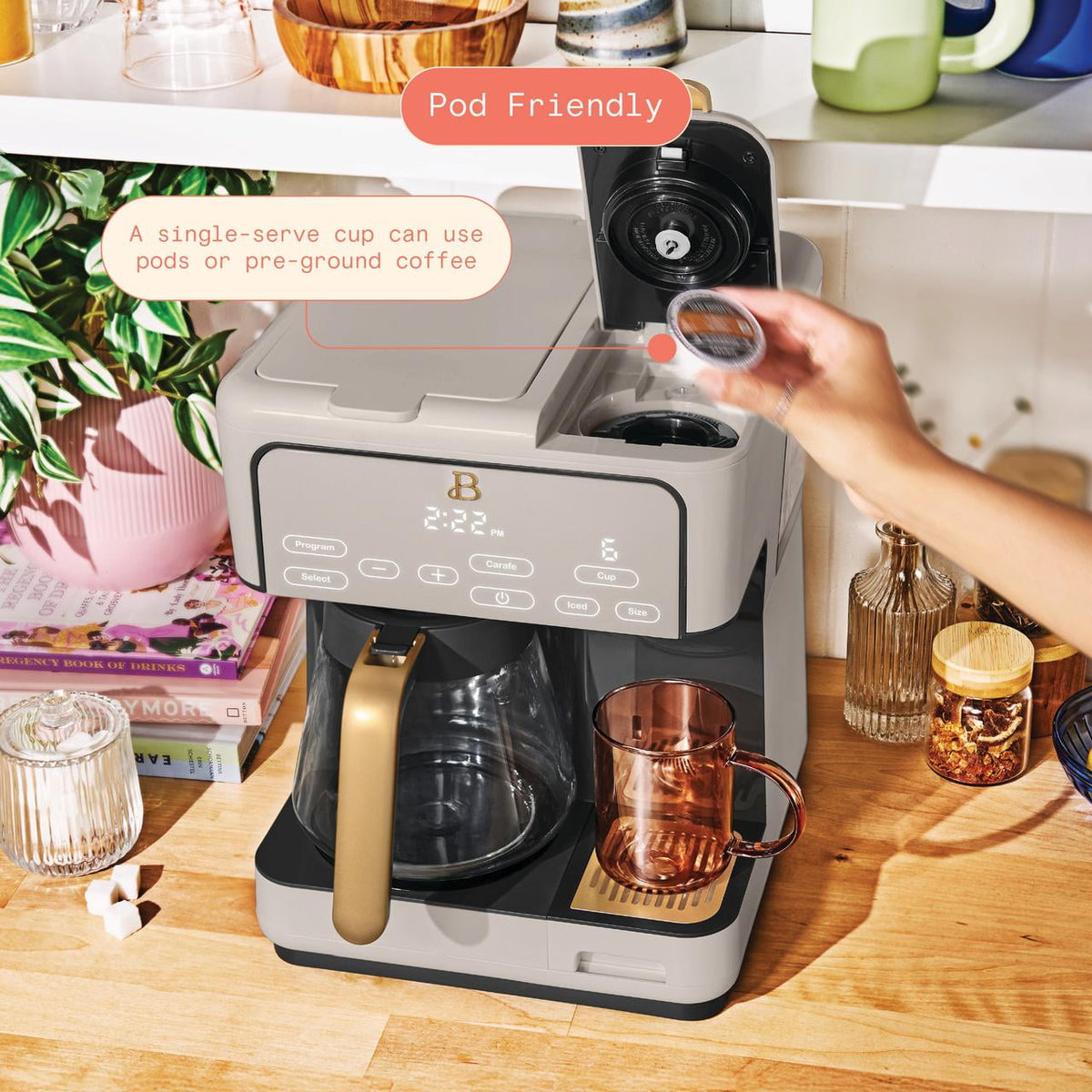 Beautiful by Drew Barrymore Multi-Brew 12-Cup Programmable Drip & Single-Serve Coffee Maker, White Icing