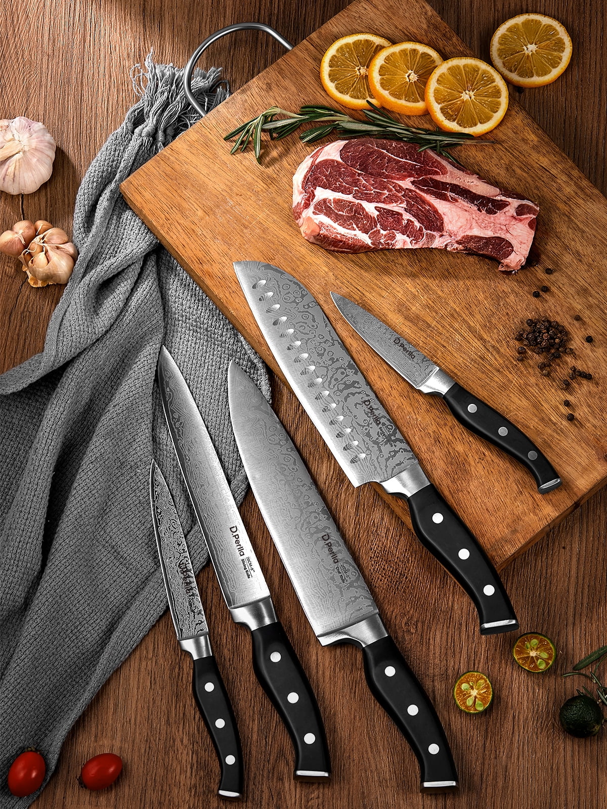 D.Perlla Knife Set, 14 Pcs Kitchen Knives Set with Built-in Sharpener, German Stainless Steel Knife Sets with Block