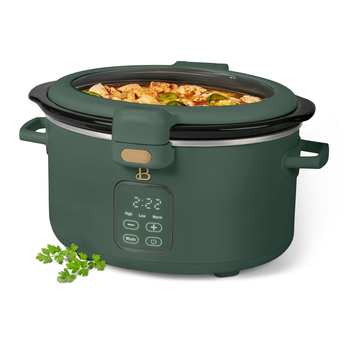 Beautiful 4 Qt Digital Slow Cooker with Hinged Locking Lid, Thyme Green by Drew Barrymore