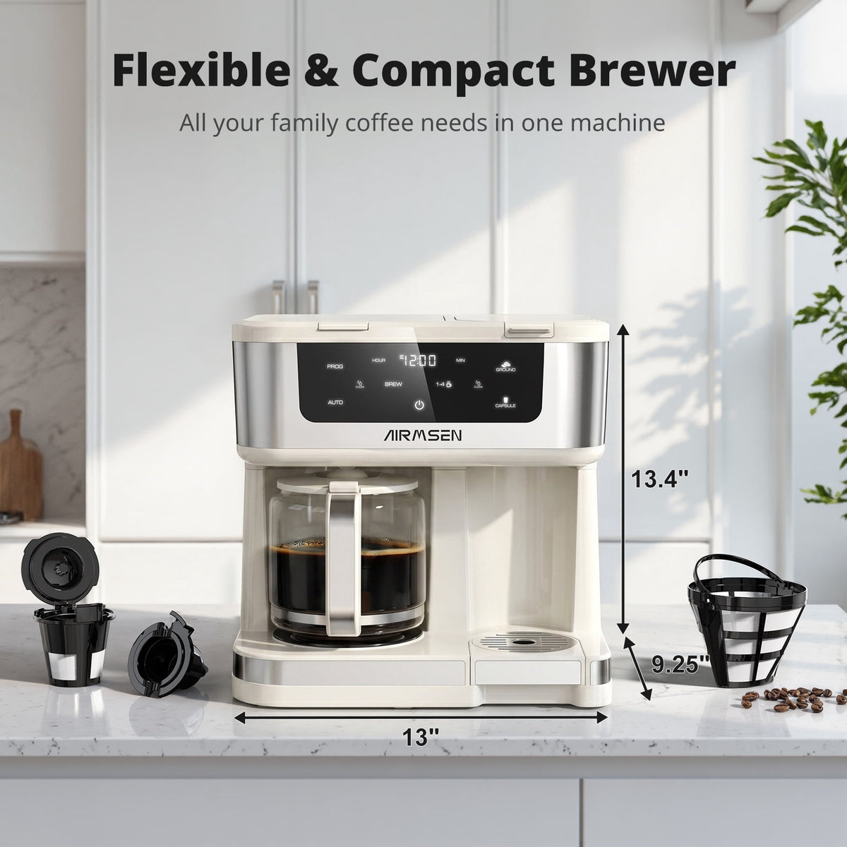 AIRMSEN 12-Cup Drip Coffee Maker with K Cup Combo, Programmable Coffee Machine with 1-4 Cup Setting, Single Serve or Coffee Pot, Auto Shut-off, Spill-Free Spout
