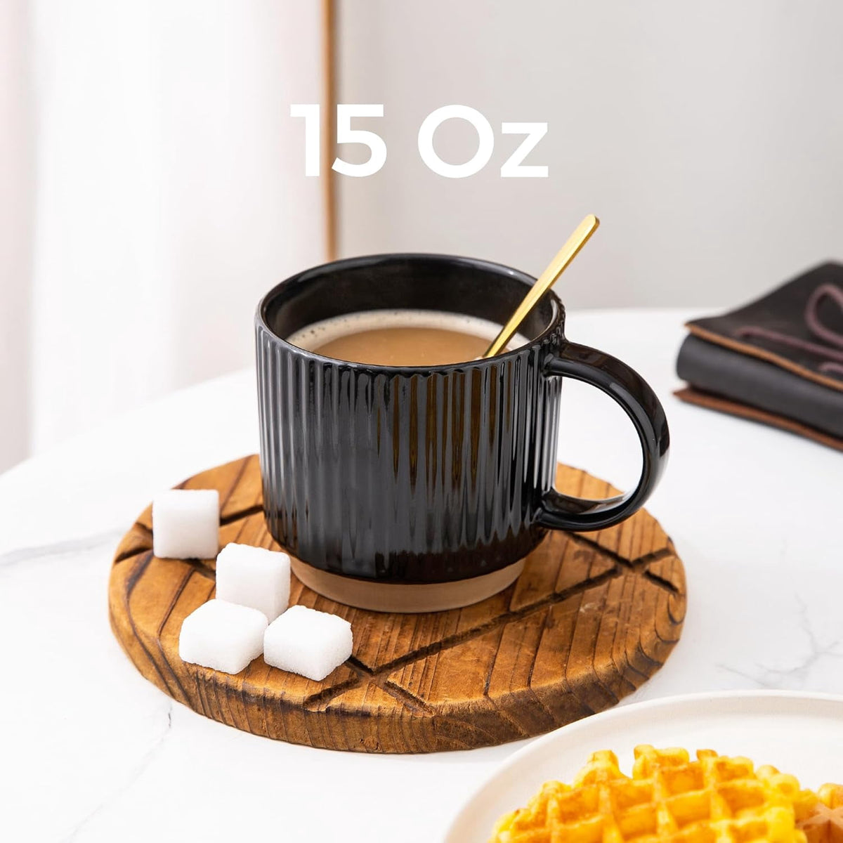 AmorArc 12OZ Stackable Ceramic Coffee Mugs with Texture Patterns, Modern Mug Set of 4 for Latte, Cappuccino and Cocoa, Dishwasher & Microwave Safe, off-white