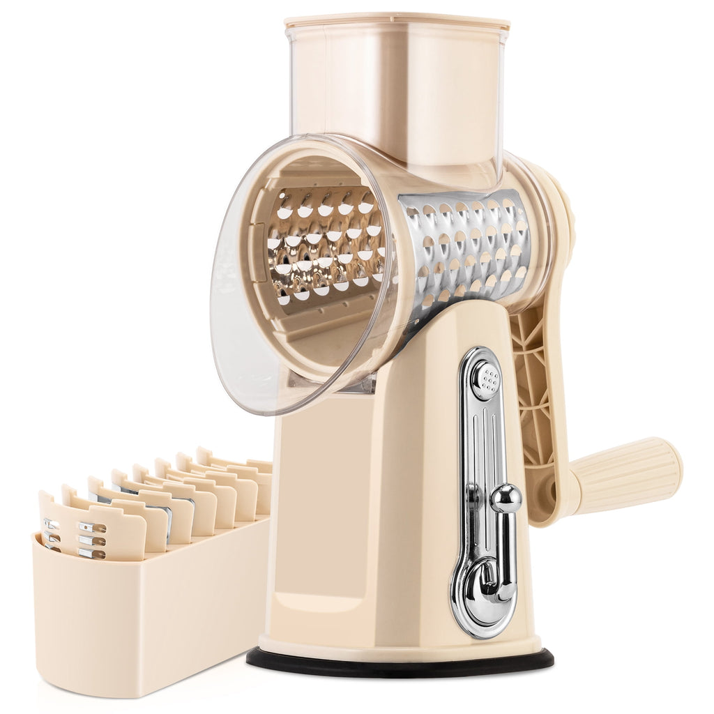 Pukomc Rotary Cheese Grater with Handle- 5 Blades, Suction Base, Mandoline Slicer & Veg Shredder with Blade Storage Box(Green)
