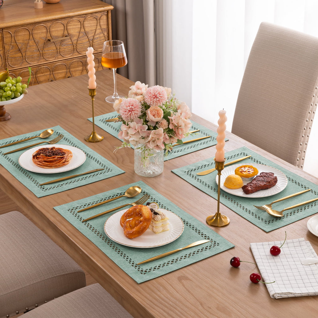 Placemats Set of 4, Yamaziot Double Layer Cloth Fabric Heat Resistant Place Mat, Washable Reversible Rectangle Dining Table Mats, Hollow Khaki, 12"x18"