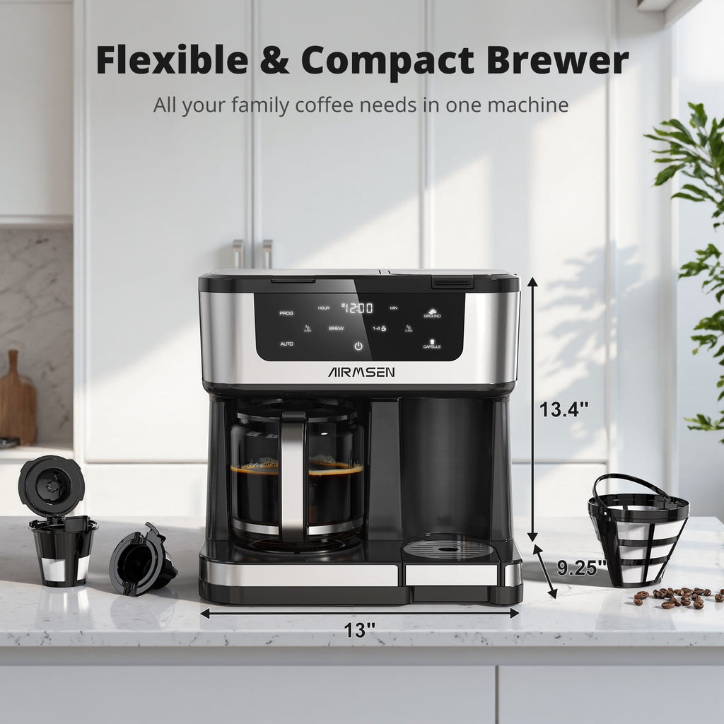 AIRMSEN 12-Cup Drip Coffee Maker with K Cup Combo, Programmable Coffee Machine with 1-4 Cup Setting, Single Serve or Coffee Pot, Auto Shut-off, Spill-Free Spout
