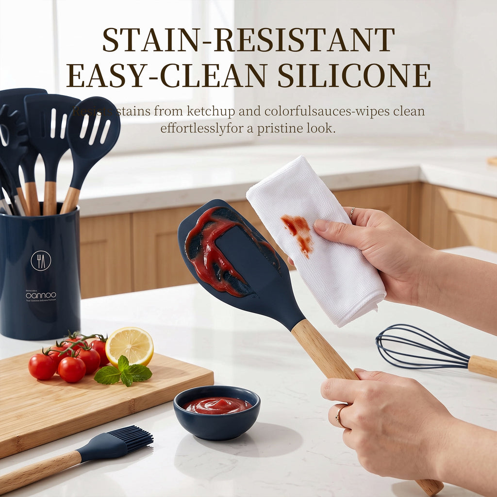 Silicone Cooking Utensils Set - Silicone Kitchen Utensils for Cooking Wooden Handles, 446°F Heat Resistant Kitchen Utensil Spatula Sets w Holder, Gadgets for Non-Stick Cookware BPA FREE (Black)