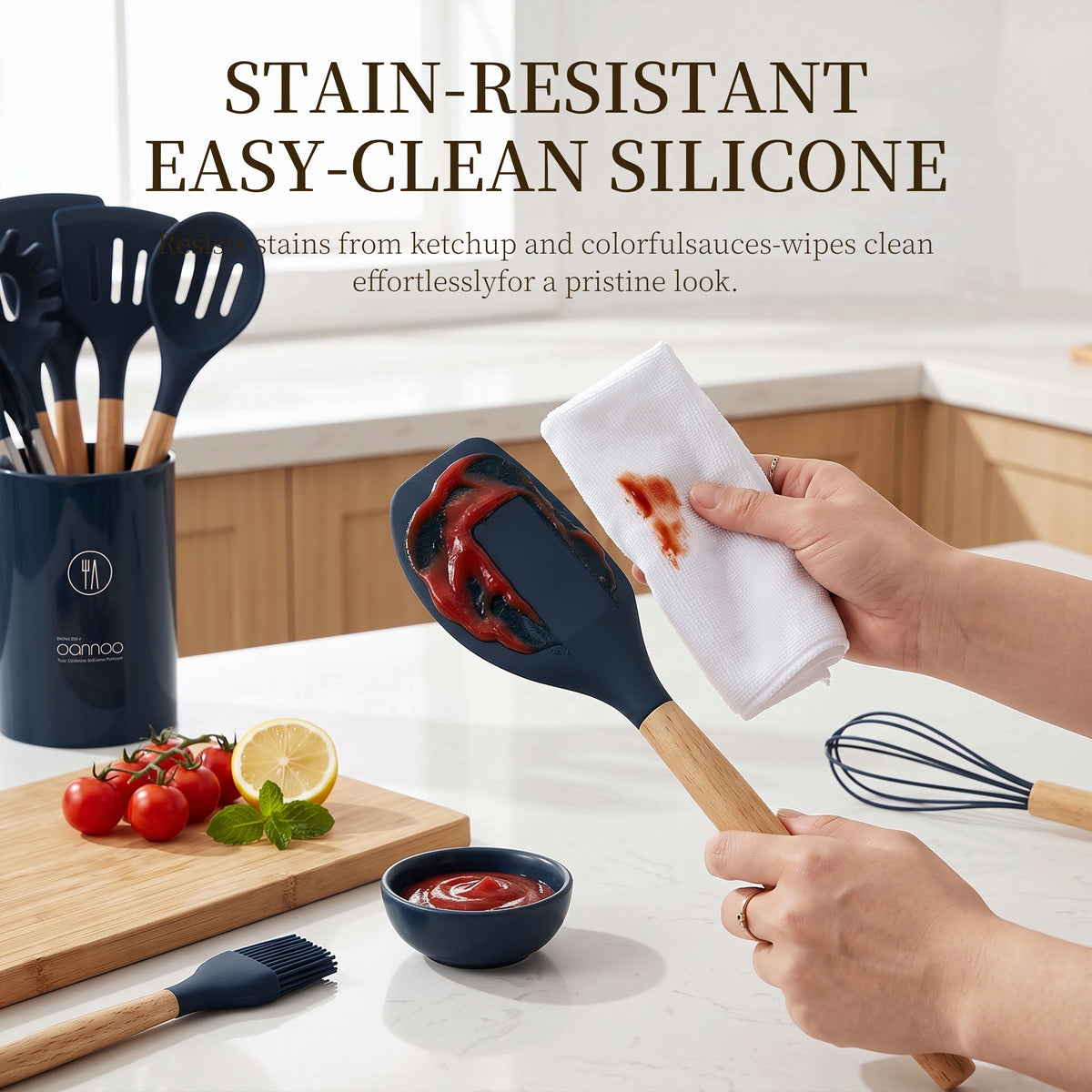 Silicone Cooking Utensils Set - Silicone Kitchen Utensils for Cooking Wooden Handles, 446°F Heat Resistant Kitchen Utensil Spatula Sets w Holder, Gadgets for Non-Stick Cookware BPA FREE (Black)