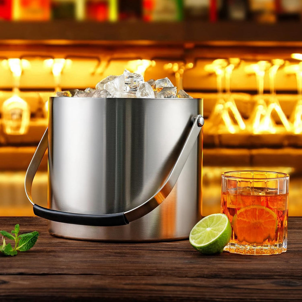304 Stainless Steel Ice Bucket, 3L, Double Wall Insulated, with Lid, Carrying Handle and Ice Scoop, for Bar, Party, Outdoor