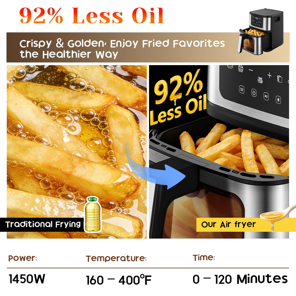 2-in-1 Air Fryer Grill Combo with Flip Plate, Viewing Window, 8 Presets, Nonstick Basket, 100 Liners Gift, Healthy Oil-Less Cooking for Family Meals