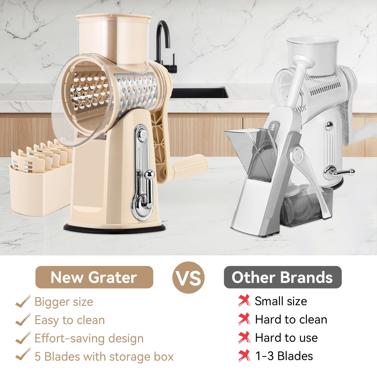 Pukomc Rotary Cheese Grater with Handle- 5 Blades, Suction Base, Mandoline Slicer & Veg Shredder with Blade Storage Box(Green)