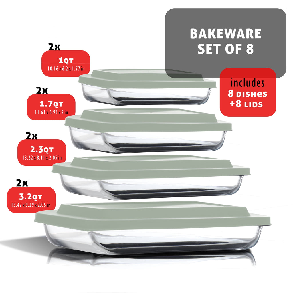 Virtu Casserole Glass Baking Dish, 8pc Stackable Glass Food Storage Containers with Airtight Lids and Grip Handles, Black