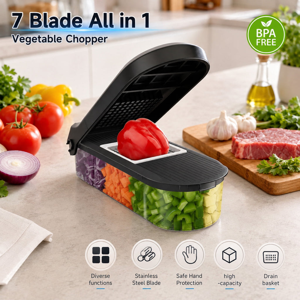 Honhorrs Vegetable Chopper Mandoline Slicer with Container, Food Veggie Chopper, Cheese Grater, Onion Vegetable Cutter for Kitchen Gadgets & Gifts, Home Essentials (9-in-1, Black)