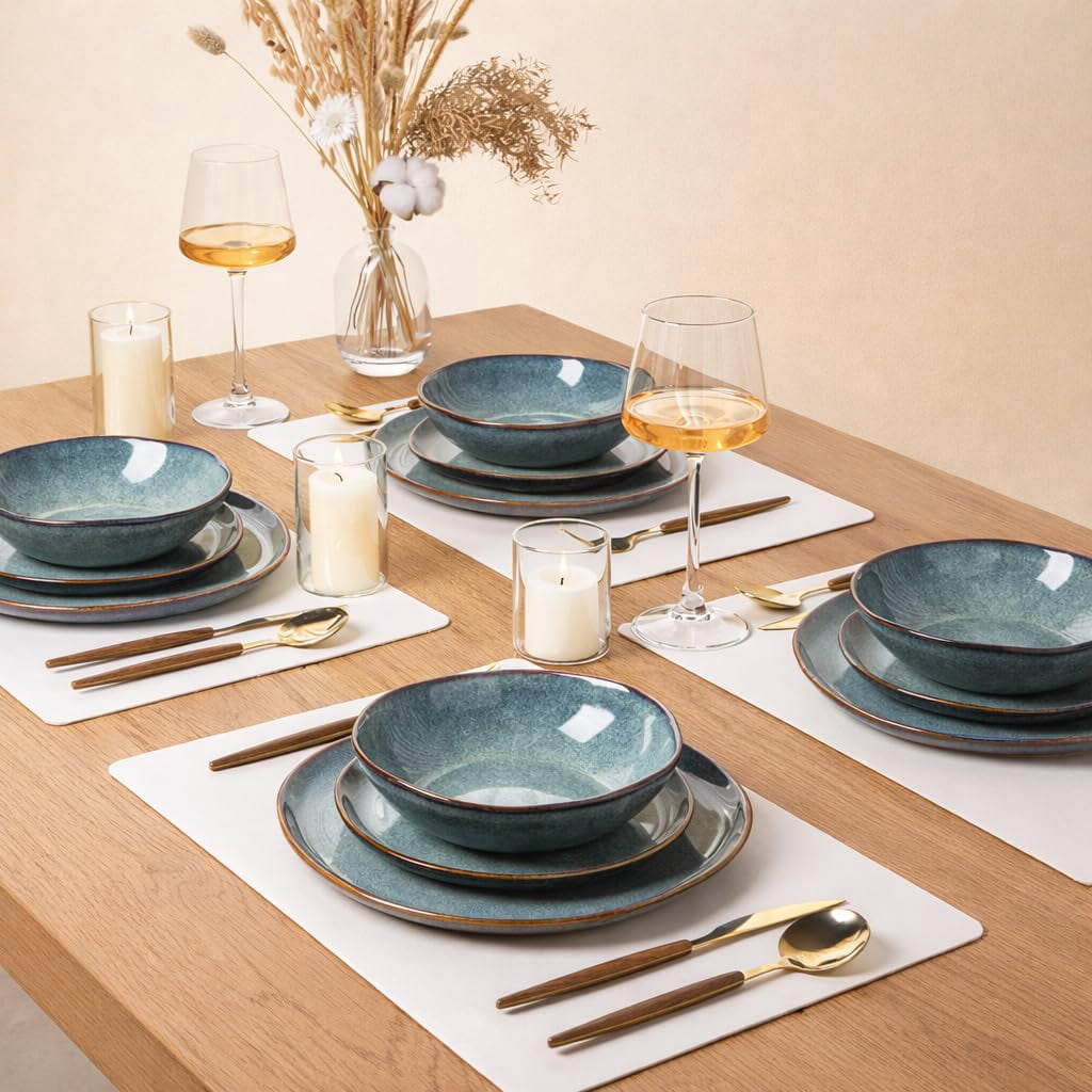 AmorArc Ceramic Dinnerware Sets,Handmade Reactive Glaze Stoneware Plates and Bowls Sets,Highly Chip and Crack Resistant | Dishwasher & Microwave Safe Dishes Set,Service for 4 Set(12pc),Reactive Glaze