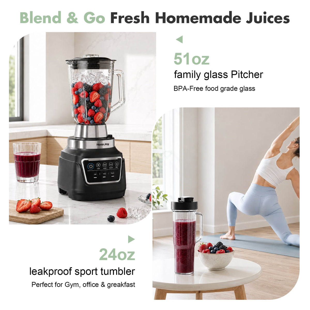 HoninJoy 14-in-1 Professional Blender for Smoothies & Food Processor, 6 Preset Auto-IQ Programs, Best for Smoothies,Cookie Dough, Salsas,Ice Crushing, Dishwasher Safe for Kitchen & Home Use