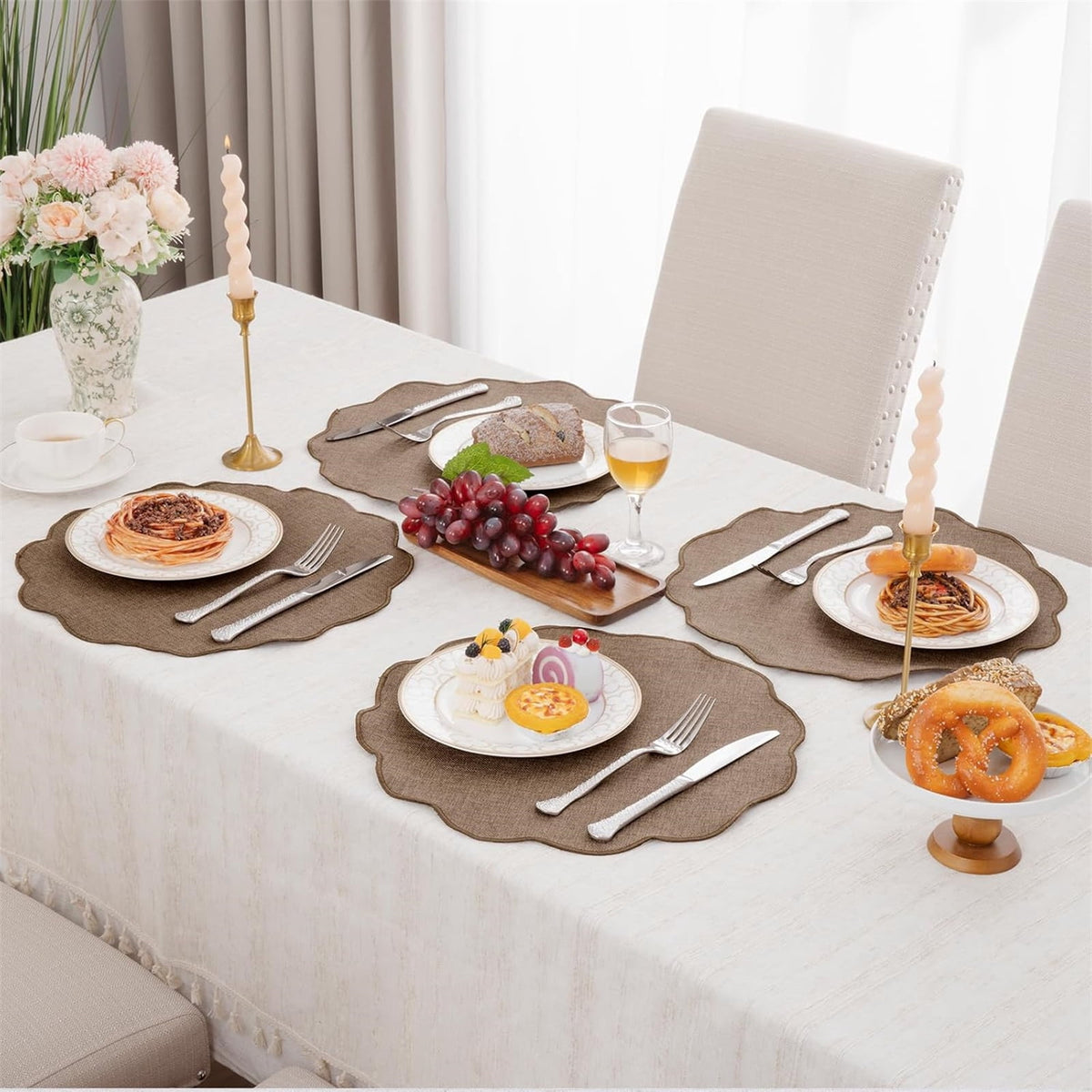 Ileading Scalloped Round Placemats Set of 6 Polyester Linen Blend Washable Non Slip Place Mats Easy Clean Heat Resistant Table Mats for Kitchen Dining Table Decor