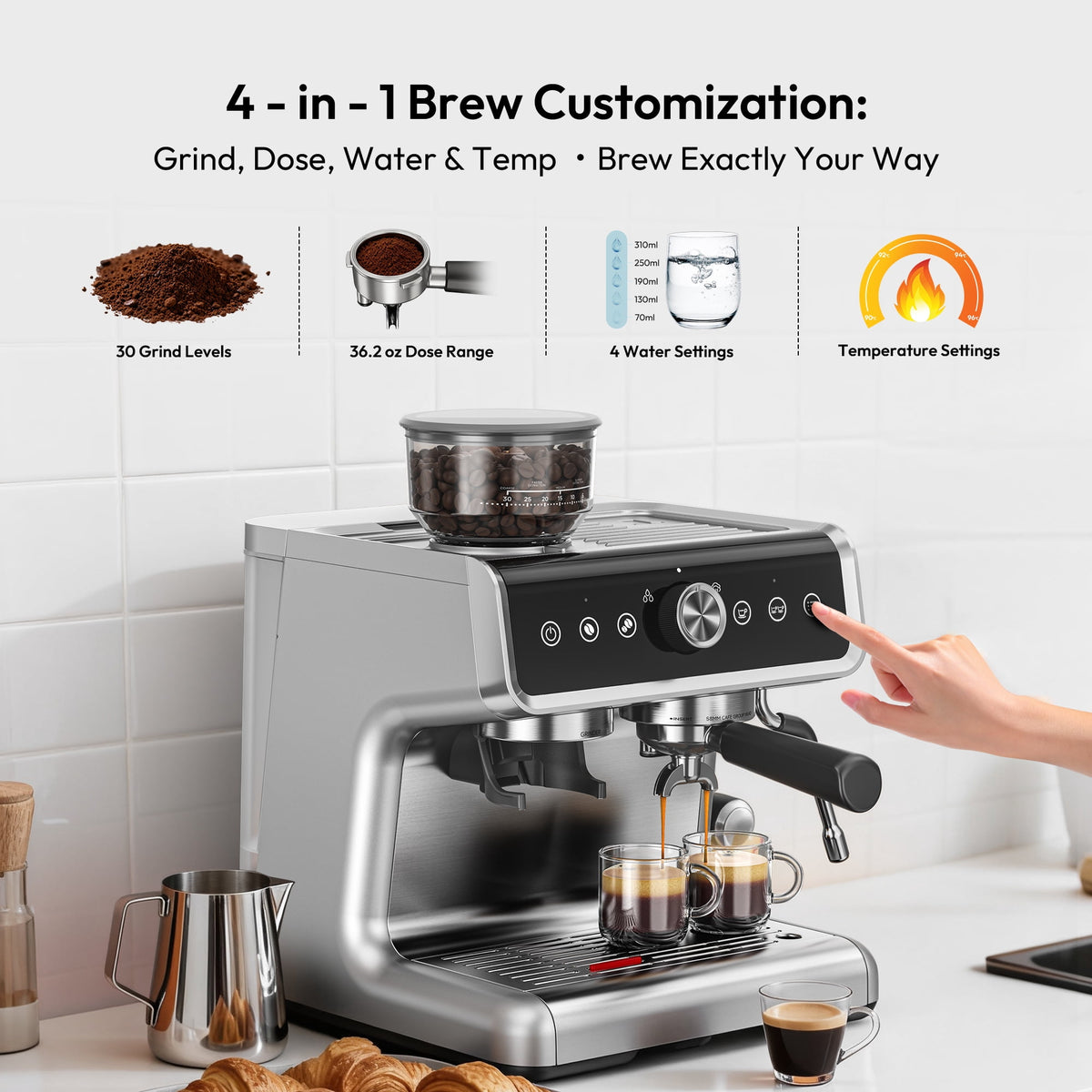 EUHOMY Espresso Machine with Grinder, 15 Bar Semi Automatic Coffee Maker with Steam Wand, Home & Office