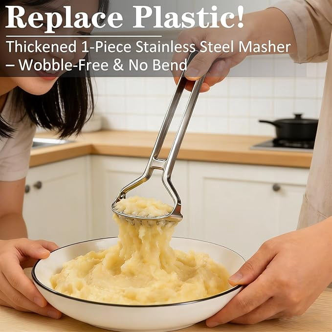 Heavy Duty Stainless Steel Potato Masher – Durable & Rustproof – Unique One-Piece Design for Quicker Mashing root vegetables, avocados, apples, beans, and nuts – 11-inch Long, Dishwasher Safe