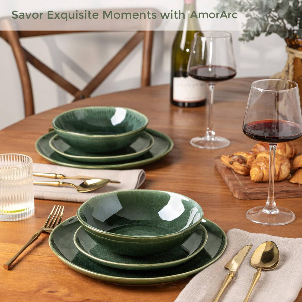 AmorArc Ceramic Dinnerware Sets,Handmade Reactive Glaze Stoneware Plates and Bowls Sets,Highly Chip and Crack Resistant | Dishwasher & Microwave Safe Dishes Set,Service for 4 Set(12pc),Reactive Glaze