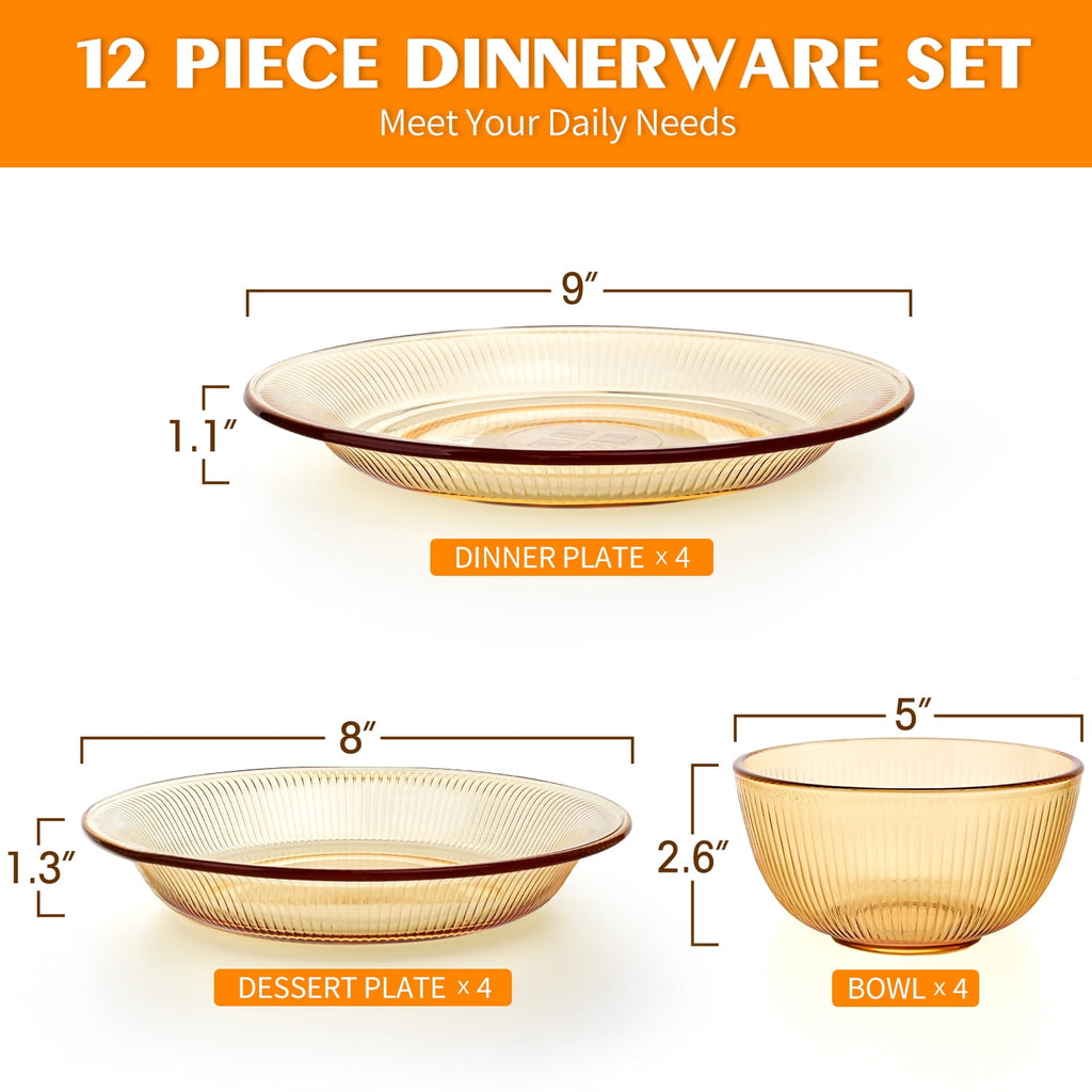 TINANA 12 Piece Amber Glass Dinnerware Set, Stackable Plates and Bowls Set, Service for 4, Microwave & Dishwasher Safe