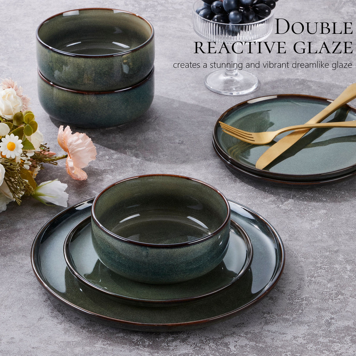 Vesteel Dinnerware Sets for 4, 12-Piece Stoneware Dish and Bowls Set, Handmade Reactive Glaze Coupe Plates Set for Family, Chip & Scratch Resistant - Matte Black