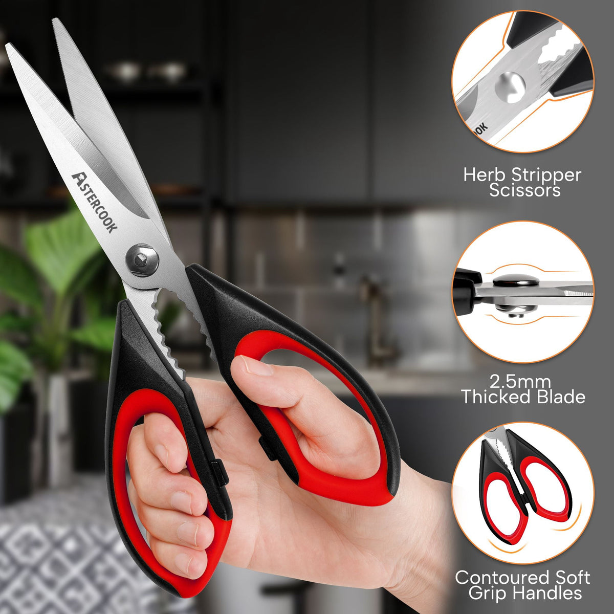 Astercook 2 Pcs Kitchen Scissors, Heavy Duty Shears with Serrated Blade, Ergonomic Handle Food Scissor for Poultry, Herbs, Vegetables Dishwasher Safe