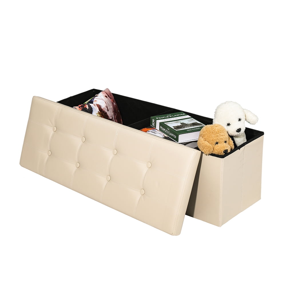 43" Ottoman with Storage Bench for Bedroom, Long End of Bed Seat with Storage Ottoman Bench, Large Folding Faux Leather Footrest Toy Chest for Living Room, Brown