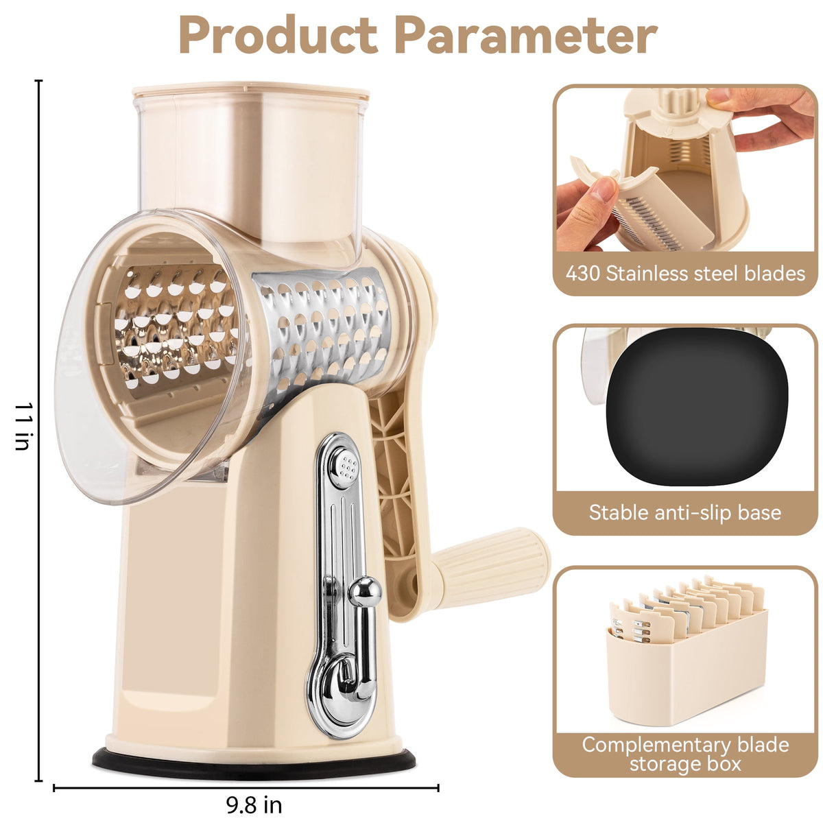 Pukomc Rotary Cheese Grater with Handle- 5 Blades, Suction Base, Mandoline Slicer & Veg Shredder with Blade Storage Box(Green)