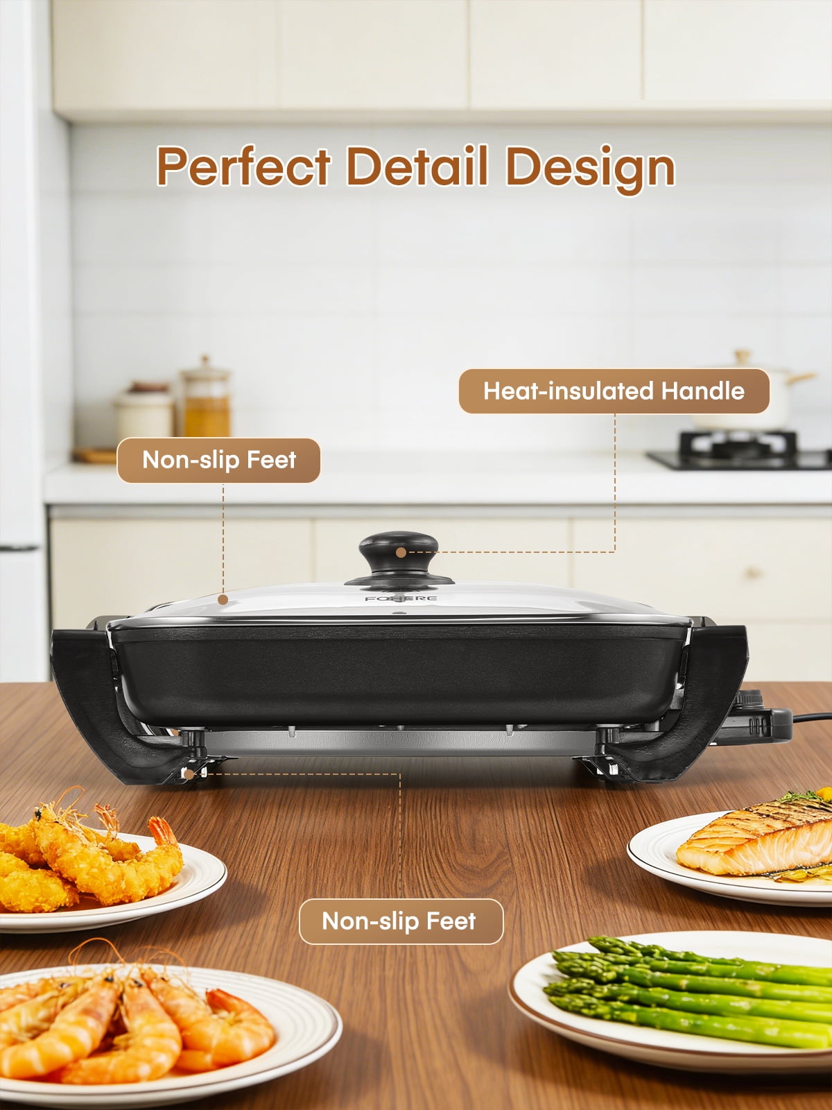 Electric Skillet, 12 inch Deep Non Stick Electric Skillet with Glass Cover, FOHERE Skillet for kicthen, 1360W, Black