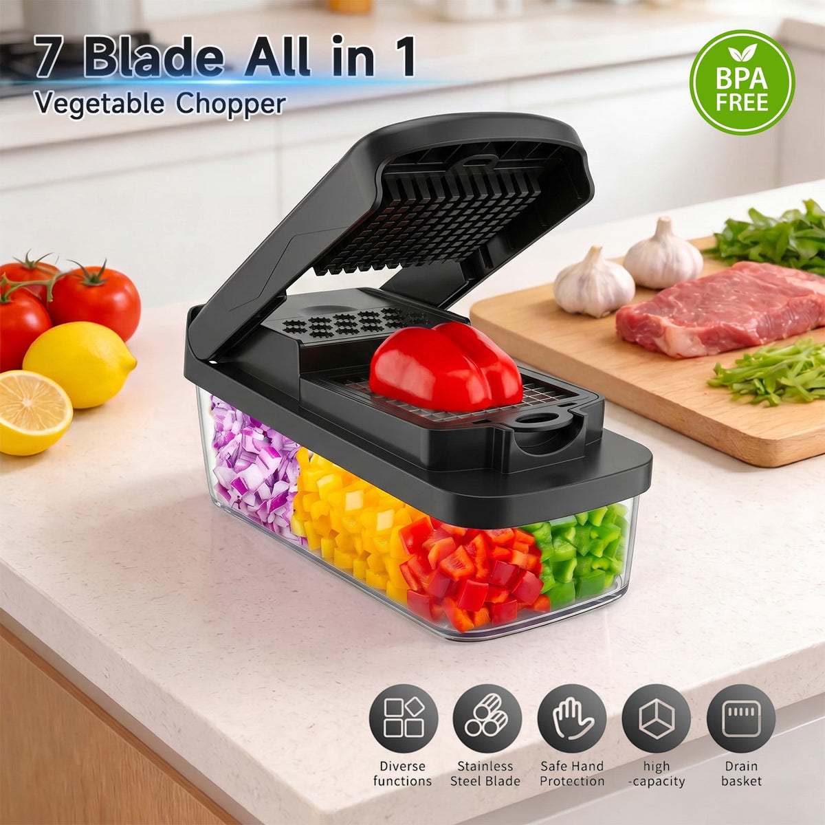 Honhorrs Vegetable Chopper Mandoline Slicer with Container, Food Veggie Chopper, Cheese Grater, Onion Vegetable Cutter for Kitchen Gadgets & Gifts, Home Essentials (9-in-1, Black)