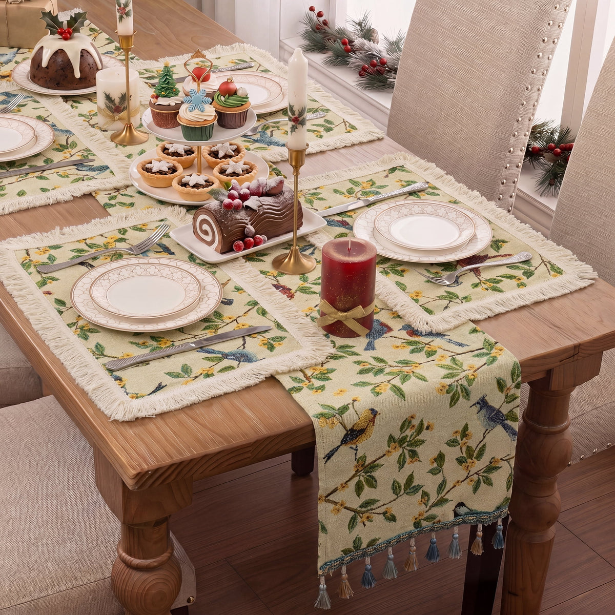 MeyJey Table Runner and Placemats Set of 4, Washable Fabric Rectangle Dining Table Mats with Tassels for Dining Tables, Kitchen, Red/Beige