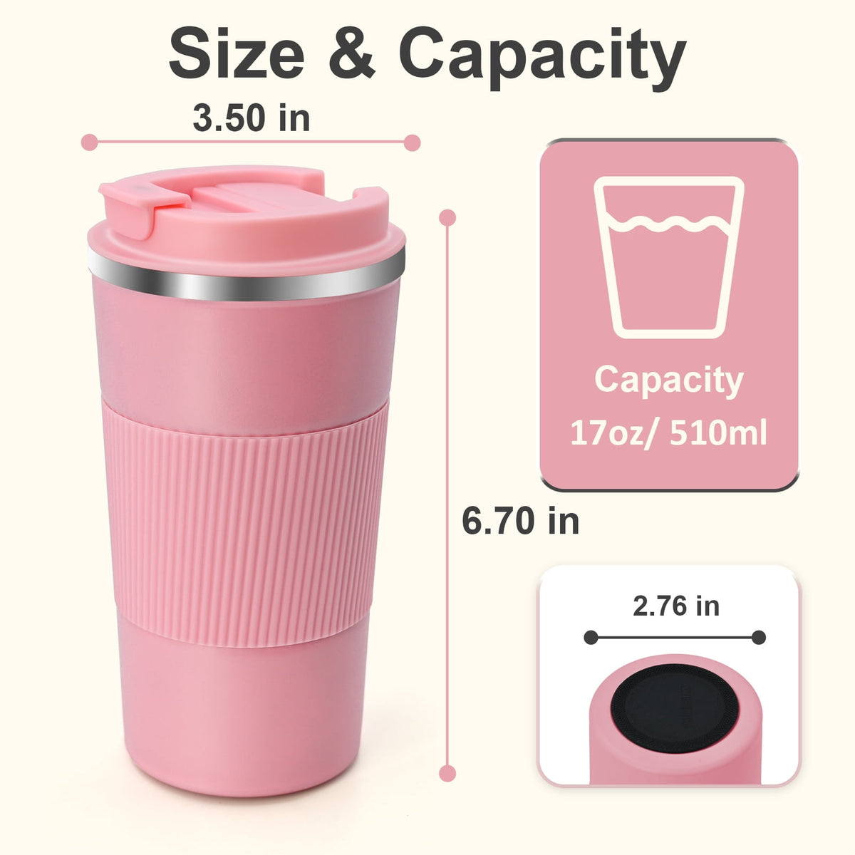 Vaparinckl Travel Coffee Mug, 17 oz Stainless Steel Vacuum Insulated Coffee Tumbler with Lid, Reusable Cup for Hot & Cold Drinks, Black