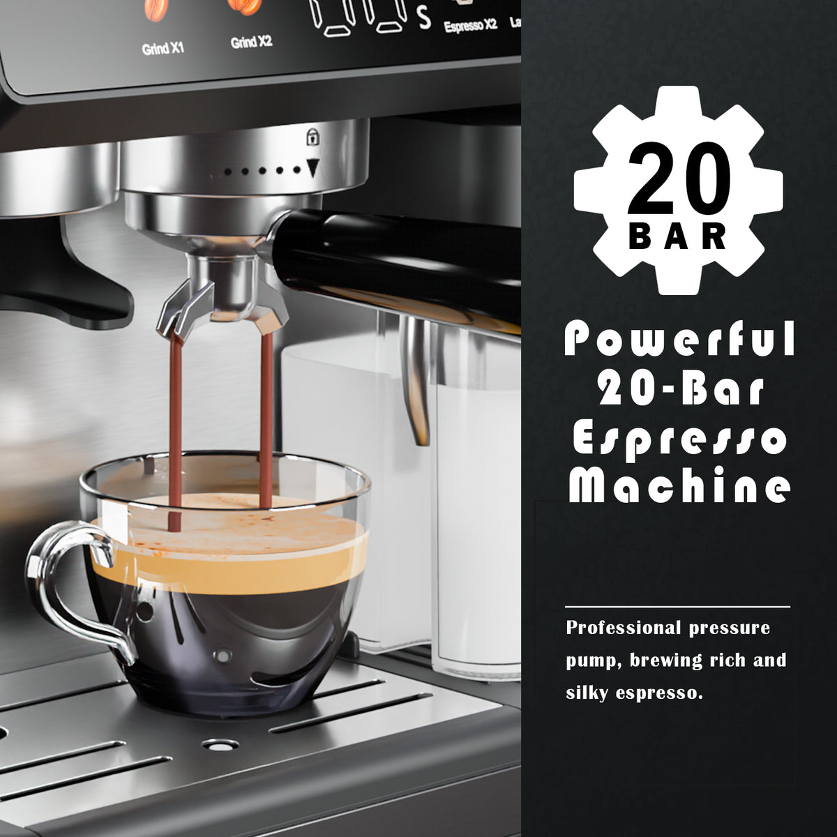 Bluebow All-in-One Espresso Machine with Grinder, 20-Bar Automatic Coffee Maker, Built-in Milk Frother for Latte & Cappuccino, Single/Double Shot