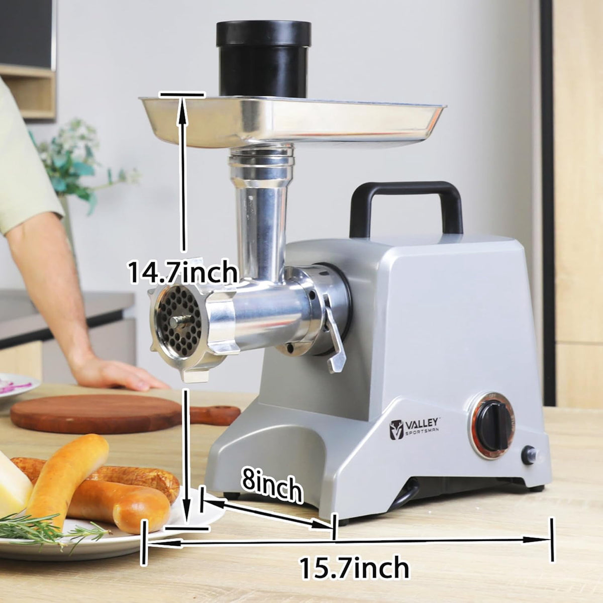 Valley Sportsman #8 Stainless Steel Meat Grinder, Powerful 575-Watt Motor Sausage Meat Grinder with Grinder Knife, Ideal for Regular Use, Sausage Making, Silver
