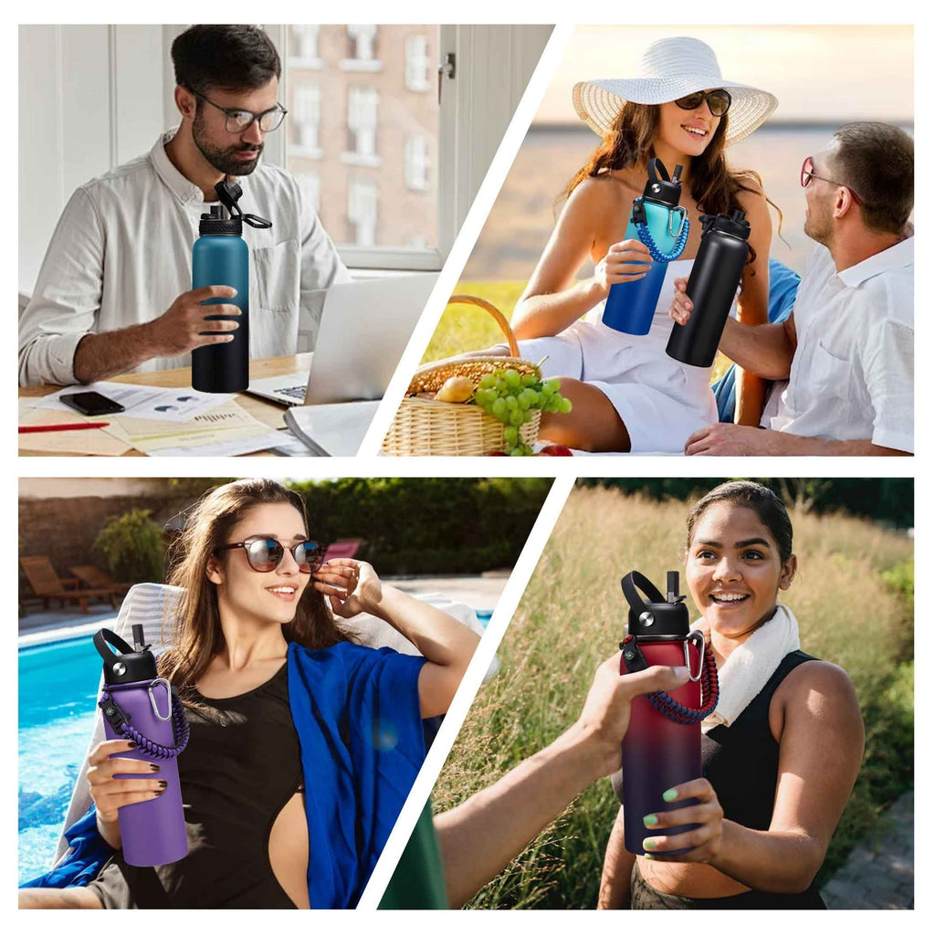 64 oz Water Bottle with Straw & Spout Lids - Half Gallon Insulated Water Bottle,Wide Mouth Metal Canteen Thermo Flask,Leak-proof Water Jug,Black