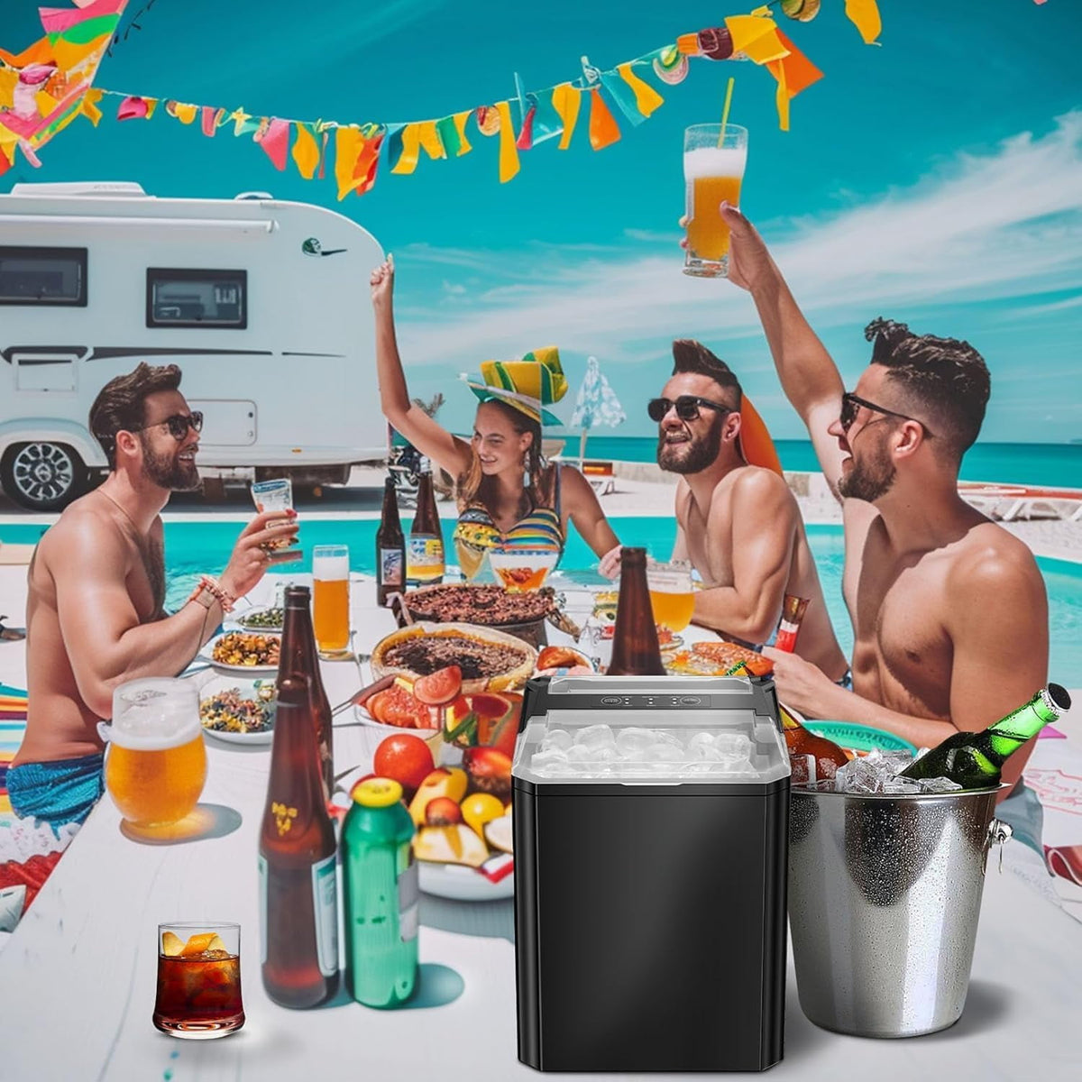 Ice Maker, Portable Countertop Icemaker Machine, Self Cleaning Quiet 2 Sizes Bullet Cubes Makers, 9 Cubes in 6 Mins, 26lbs/24Hrs with Ice Scoop, Basket for Home Kitchen Party,White